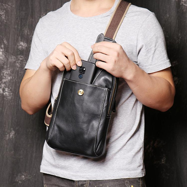 Fashion Black Leather Sling Backpack Men's Sling - Back View