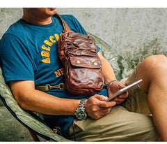 Fashion Black Leather Men Sling Bag Chest Bag Army Green Leather Sling Pack One Shoulder Backpack For Men