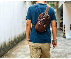Fashion Black Leather Men Sling Bag Chest Bag Army Green Leather Sling Pack One Shoulder Backpack For Men