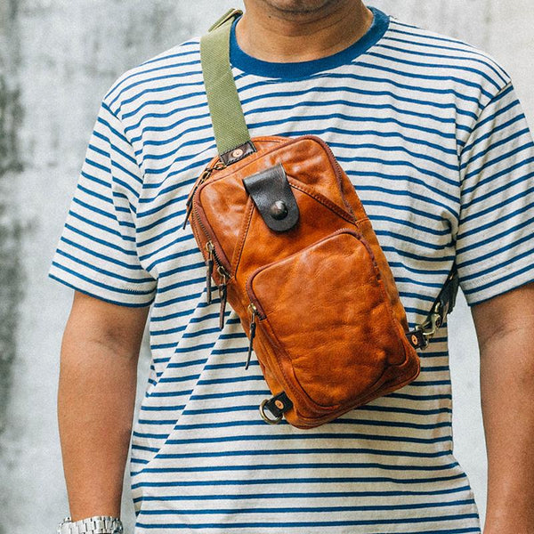 Fashion Black Leather Mens Sling Bag Chest - Back View