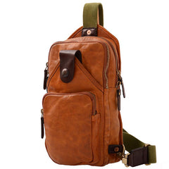 Fashion Black Leather Mens Sling Bag Chest Bag Sling Pack Tan One Shoulder Backpack For Men