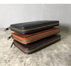 Fashion Black Leather Mens Long Wallet Brown ZIpper Long Wallet Coffee Clutch Wallet Men