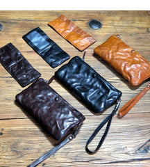 Fashion Black Leather Mens Long Wallet Brown Wristlet Wallet Phone Chain Wallet Clutch Men