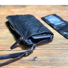 Fashion Black Leather Mens Long Wallet Brown Wristlet Wallet Phone Chain Wallet Clutch Men