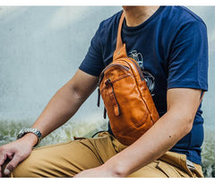 Fashion Brown Leather Men Sling Pack Chest Bag Sling Bag Cool Coffee Leather One Shoulder Backpack For Men