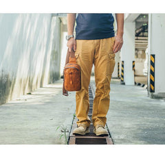 Fashion Brown Leather Men Sling Pack Chest Bag Sling Bag Cool Coffee Leather One Shoulder Backpack For Men