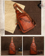 Vintage Brown Leather Men's Sling Bags Chest Bag Brown Sling Pack Sling Backpack For Men