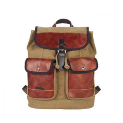 Fashion Canvas Leather Mens Khaki Backpack School Backpack Black Canvas Travel Backpack For Men