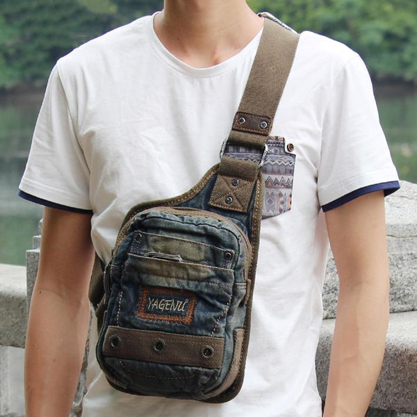 Fashion Jean Blue Mens Small Sling Bag - Back View