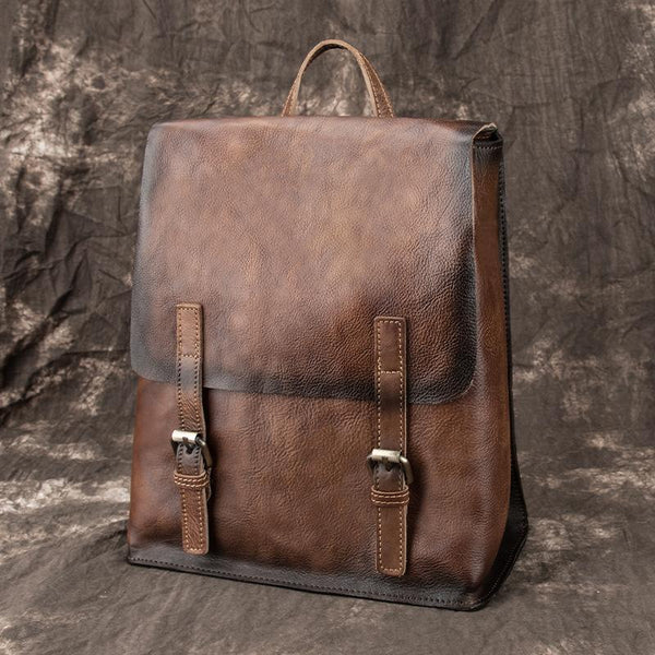 Fashion Brown LEATHER MEN'S College Backpack Travel - Back View