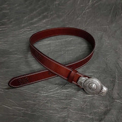 Fashion Red Brown Leather Metal Belt Motorcycle Belt Leather Biker Circle Belt For Men