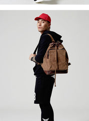 Fashion Canvas Leather Mens Bucket Sling Bag Sling Pack Khaki Canvas Sling Backpack for Men