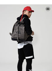 Fashion Canvas Leather Mens Bucket Sling Bag Sling Pack Khaki Canvas Sling Backpack for Men