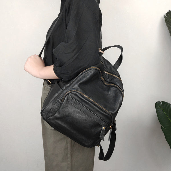 Fashion Womens Black Leather Backpack School Backpack - Back View