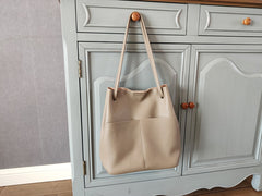 Fashion Womens White Leather Tote Bag Vertical Green Shoulder Tote Bag Bucket Tote For Women