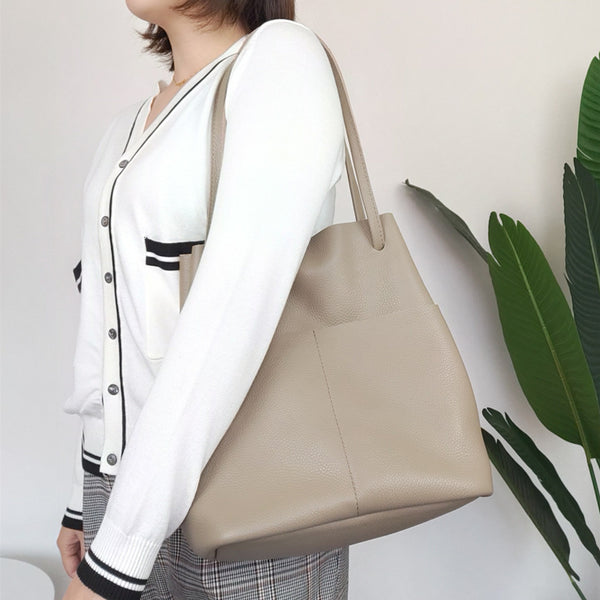 Fashion Womens Khaki Leather Tote Bag Vertical - Card Slots Detail