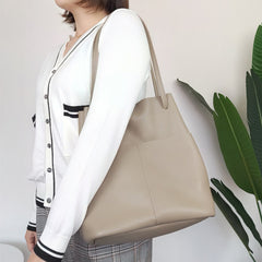 Fashion Womens Khaki Leather Tote Bag Vertical Coffee Shoulder Tote Bag Bucket Tote For Women