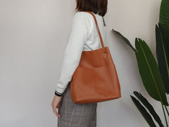 Fashion Womens Khaki Leather Tote Bag Vertical Coffee Shoulder Tote Bag Bucket Tote For Women