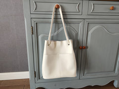 Fashion Womens White Leather Tote Bag Vertical Green Shoulder Tote Bag Bucket Tote For Women