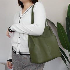 Fashion Womens Khaki Leather Tote Bag Vertical Coffee Shoulder Tote Bag Bucket Tote For Women
