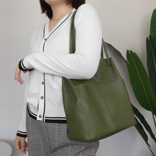 Fashion Womens White Leather Tote Bag Vertical Green Shoulder Tote Bag Bucket To LOHAS03281010
