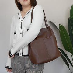 Fashion Womens Khaki Leather Tote Bag Vertical Coffee Shoulder Tote Bag Bucket Tote For Women