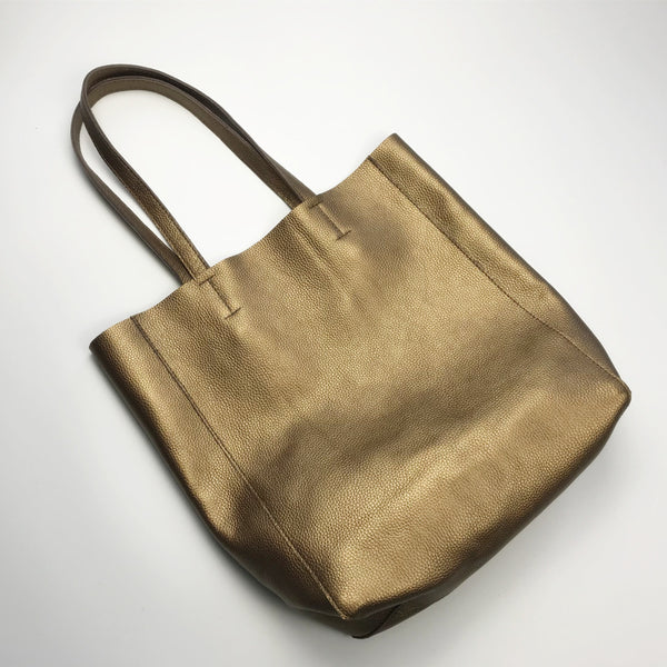 Fashion Womens Bronze Silver Leather Vertical Tote - Bill Slots Detail