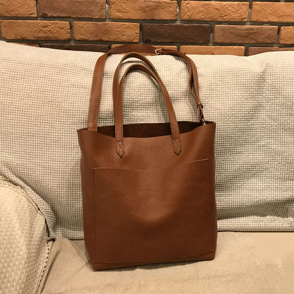 Fashion Womens Brown Leather Vertical Tote Bag - Leather Texture Detail