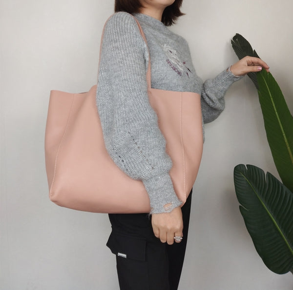 Fashion Womens Pink Leather Oversize Tote Bag Pink Shoulder Tote Bag Pink Handba LOHAS03081030
