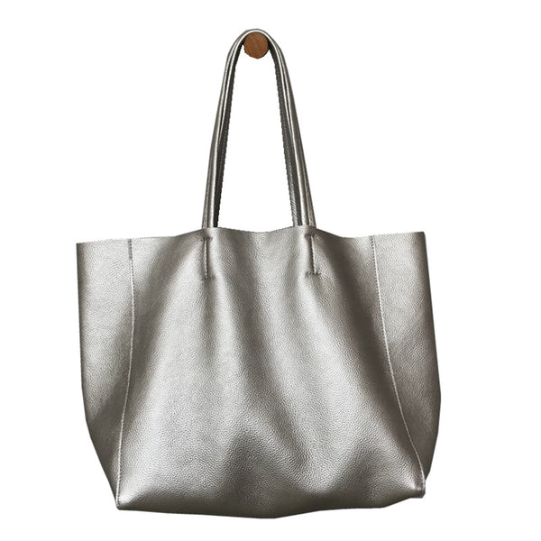 Fashion Womens Silver Leather Oversize Tote Bag - Open View