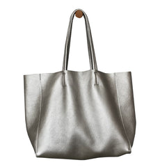 Fashion Womens Silver Leather Oversize Tote Bag Silver Shoulder Tote Bag Silver Handbag Tote For Women