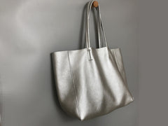 Fashion Womens Silver Leather Oversize Tote Bag Silver Shoulder Tote Bag Silver Handbag Tote For Women
