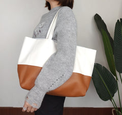 Fashion Womens White Brown Leather Oversize Tote Bag White Brown Shoulder Tote Bag Handbag Tote For Women