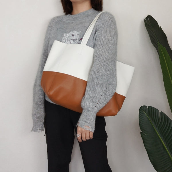 Fashion Womens White Brown Leather Oversize Tote - Back View