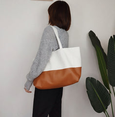 Fashion Womens White Brown Leather Oversize Tote Bag White Brown Shoulder Tote Bag Handbag Tote For Women