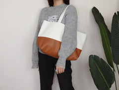 Fashion Womens White Brown Leather Oversize Tote Bag White Brown Shoulder Tote Bag Handbag Tote For Women