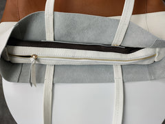 Fashion Womens White Brown Leather Oversize Tote Bag White Brown Shoulder Tote Bag Handbag Tote For Women