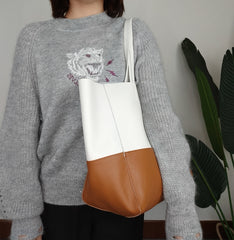 Fashion Womens White Brown Leather Oversize Tote Bag White Brown Shoulder Tote Bag Handbag Tote For Women