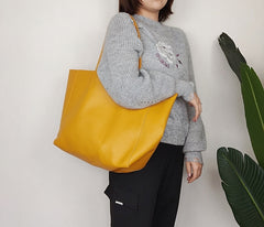 Fashion Womens Yellow Leather Oversize Tote Bag Yellow Shoulder Tote Bag Handbag Tote For Women