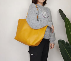 Fashion Womens Yellow Leather Oversize Tote Bag Yellow Shoulder Tote Bag Handbag Tote For Women