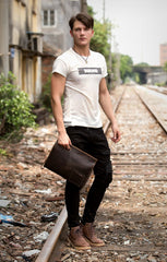 Fashion Black Mens Leather 10 inches Mens Gray Messenger Bag Brown Courier Bag Clutch Bag for Men