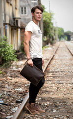 Fashion Black Mens Leather 10 inches Mens Gray Messenger Bag Brown Courier Bag Clutch Bag for Men