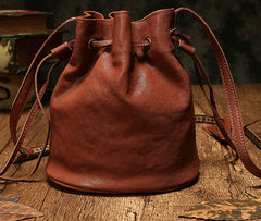 Fashion Leather Brown Bucket Shoulder Bag Barrel Purse With Tassels For Women
