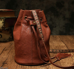 Fashion Leather Brown Bucket Shoulder Bag Barrel Purse With Tassels For Women