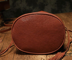 Fashion Leather Brown Bucket Shoulder Bag Barrel Purse With Tassels For Women