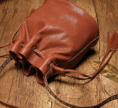 Fashion Leather Brown Bucket Shoulder Bag Barrel Purse With Tassels For Women