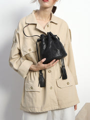 Fashion Leather Brown Bucket Shoulder Bag Barrel Purse With Tassels For Women