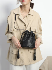 Fashion Leather Brown Bucket Shoulder Bag Barrel Purse With Tassels For Women