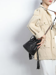 Fashion Leather Brown Bucket Shoulder Bag Barrel Purse With Tassels For Women