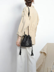 Fashion Leather Brown Bucket Shoulder Bag Barrel Purse With Tassels For Women